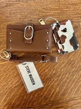 Steve Madden Brown Leather Wristlet with Cow-Print Card Holder
